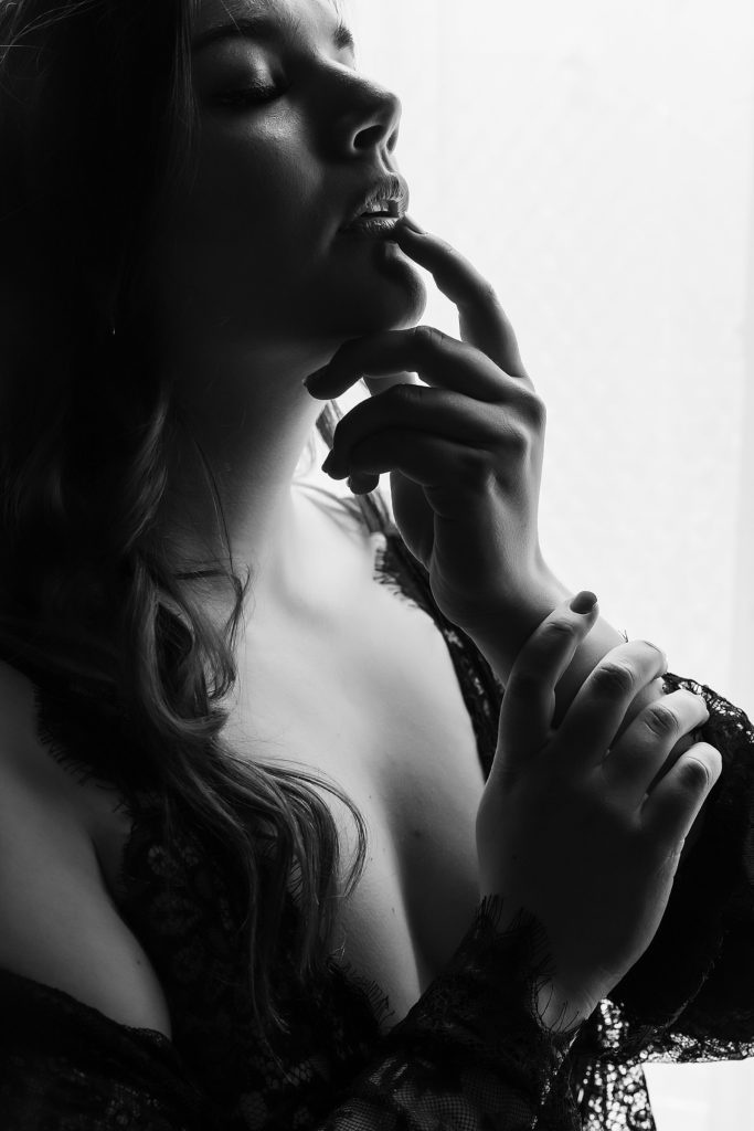 Black and white Window silhouette boudoir photo. Black lace robe boudoir photos - kc boudoir- Madera Studios